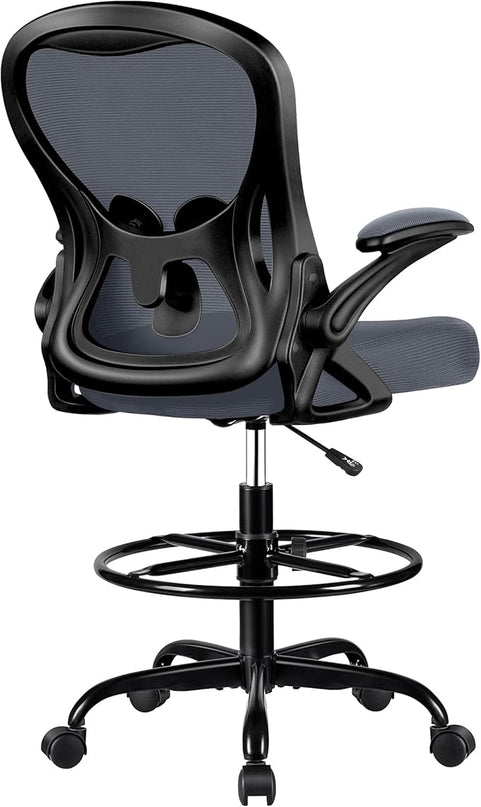 Drafting Chair, Tall Office Chair Ergonomic Standing Desk chair, Lumbar Support Computer Chair Swivel Task Rolling Chair with Adjustable Flip-up Armrests & Foot Ring (Dark Gray) - LeafyLoom