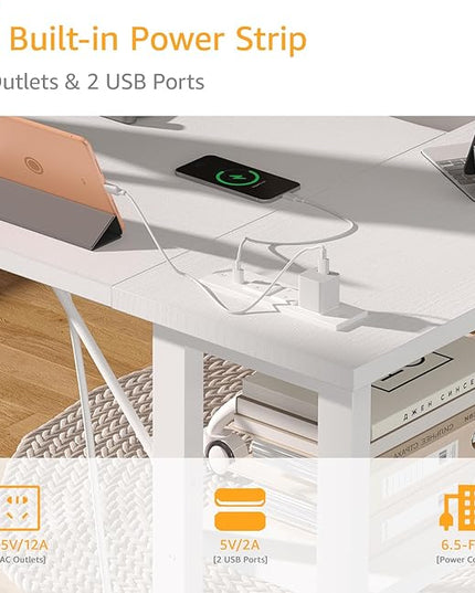 White L Shaped Computer Desk with Power Outlet Shelves, 40 Inch Small Corner Desk for Small Space Home Office, Study Work PC Desks for Bedroom, White - LeafyLoom