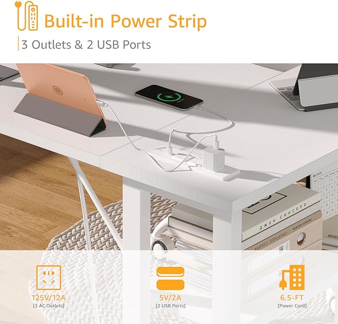 White L Shaped Computer Desk with Power Outlet Shelves, 40 Inch Small Corner Desk for Small Space Home Office, Study Work PC Desks for Bedroom, White - LeafyLoom