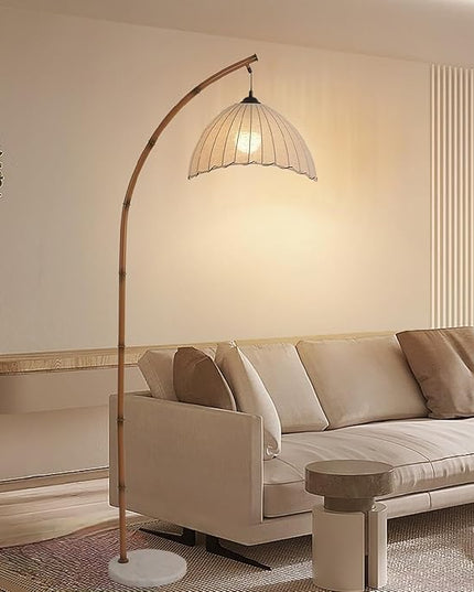 Retro Floor Lamp Unique Bamboo Color Floor lamp Bohemian Hanging Arc Floor Lamp with Antique Rattan Style Vertical Standing tall Lamp for Bed Room Farmhouse Study Living Room Indoor decoration - LeafyLoom