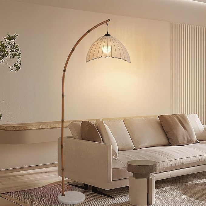 Retro Floor Lamp Unique Bamboo Color Floor lamp Bohemian Hanging Arc Floor Lamp with Antique Rattan Style Vertical Standing tall Lamp for Bed Room Farmhouse Study Living Room Indoor decoration - LeafyLoom