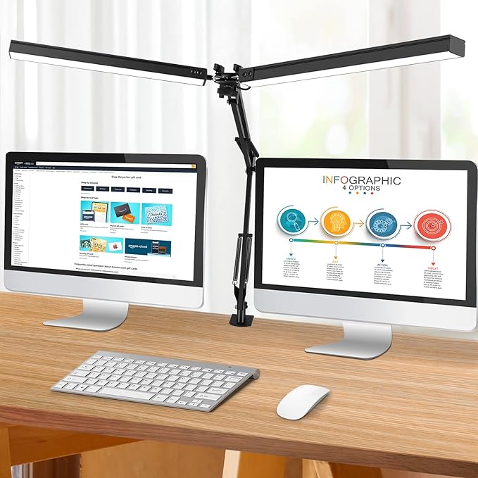 LED Desk Lamp with Clamp, Super Bright Double Head Desk Lamps for Home Office, 5 Color Modes, 10%~100% Dimmable Brightness, Architect Task Desk Light, Modern Swing Arm Workbench Desk Lighting - LeafyLoom