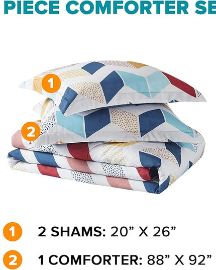 Comfort Spaces Kylar Cozy Comforter Set, Vibrant Chevron Ruching Design with Solid Reverse, All Season Down Alternative Bedding with Matching Sham, Full/Queen (88 in x 92 in), Multi/Aqua 3 Piece - LeafyLoom