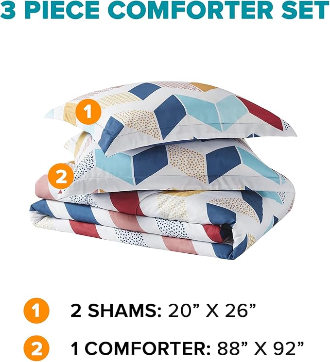 Comfort Spaces Kylar Cozy Comforter Set, Vibrant Chevron Ruching Design with Solid Reverse, All Season Down Alternative Bedding with Matching Sham, Full/Queen (88 in x 92 in), Multi/Aqua 3 Piece - LeafyLoom