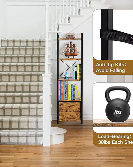 Narrow-Bookshelf-With-Storage-Drawer, 5-Tier Small Standing Book Shelf Organizer For Small Space, Tall Thin Bookcase Shelf For Bedroom Living Room Office, Wooden Shelving Unit Rack For Display - LeafyLoom