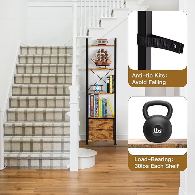 Narrow-Bookshelf-With-Storage-Drawer, 5-Tier Small Standing Book Shelf Organizer For Small Space, Tall Thin Bookcase Shelf For Bedroom Living Room Office, Wooden Shelving Unit Rack For Display - LeafyLoom