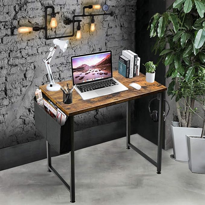 Lufeiya Small Computer Desk Study Table for Small Spaces Home Office 31 Inch Rustic Student Laptop PC Writing Desks with Storage Bag Headphone Hook,Brown - LeafyLoom