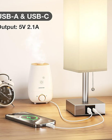 Grey Small Table Lamp for Bedroom - 3 Color Temperature 3000K 5000K 4000K Bedside Lamp, Pull Chain Control, USB A and C Charging Ports, Silver Base, for Kids Office Dorm nightstand, Bulb Included - LeafyLoom
