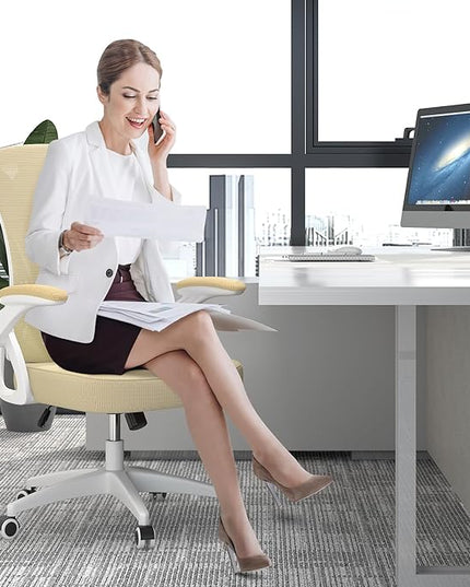 naspaluro Ergonomic Office Chair, Mid Back Desk Chair with Adjustable Height, Flip-Up Arms and Lumbar Support, Breathable Mesh Swivel Computer Chair for Home Study Working/Light Yellow - LeafyLoom