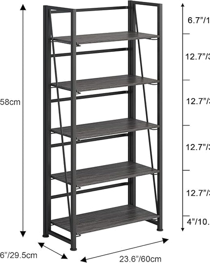 No-Assembly Folding Bookshelf Storage Shelves 5 Tiers Vintage Multifunctional Plant Flower Stand Storage Rack Shelves Bookcase for Home Office (Gray and Black) - LeafyLoom