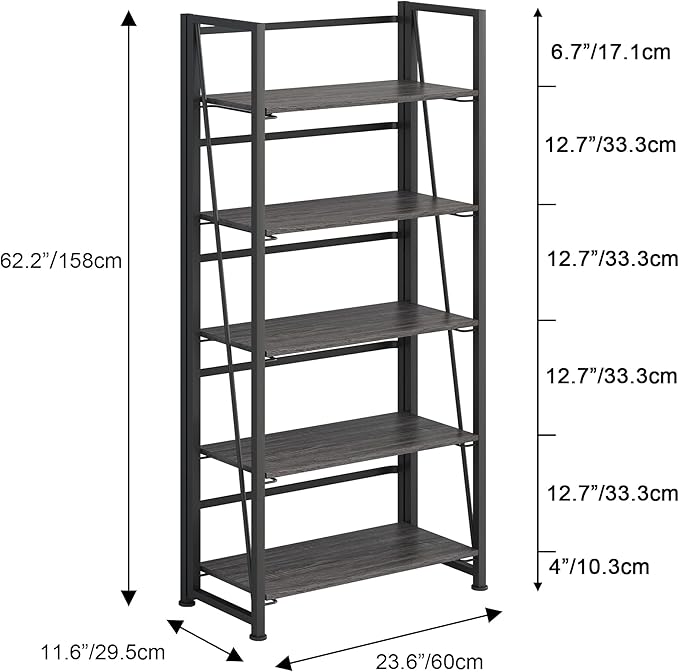 No-Assembly Folding Bookshelf Storage Shelves 5 Tiers Vintage Multifunctional Plant Flower Stand Storage Rack Shelves Bookcase for Home Office (Gray and Black) - LeafyLoom