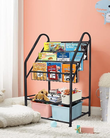 aboxoo Metal Kids Bookshelf Black Toy Chests & Organizers Large Freestanding for Children Toy Chests & OrganizersRoom 25 in Toy Organizer Large Stable Bookcase Bookstore Library Bed Living Room - LeafyLoom