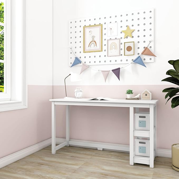 Max & Lily Solid Wood Desk With Shelves, 55 Inches, White - LeafyLoom