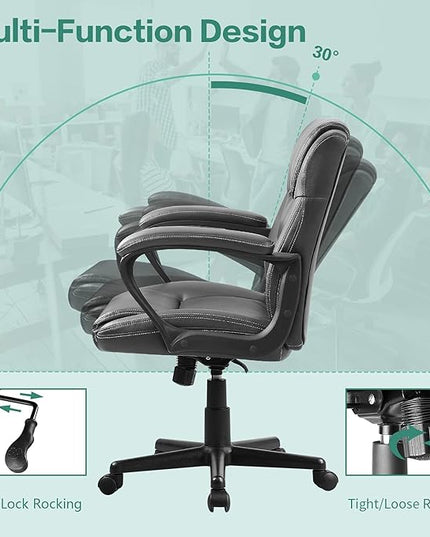 Executive Office Chair Mid Back Swivel Computer Task, Ergonomic Leather-Padded Desk Seats with Lumbar Support,Armrests, Gray - LeafyLoom