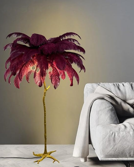 Romantic Ostrich Feather Floor Lamp Modern Luxury Resin Ostrich Feather LED Lamp Living Room Bedroom Corner Decoration Floor Lamp (Wine Red - LeafyLoom