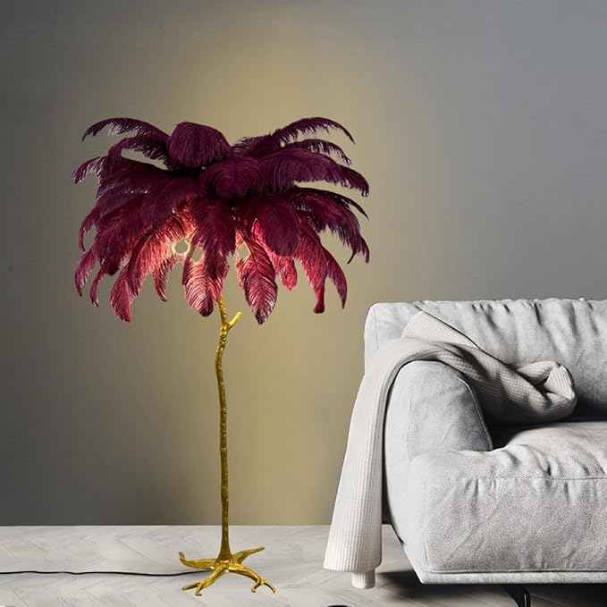 Romantic Ostrich Feather Floor Lamp Modern Luxury Resin Ostrich Feather LED Lamp Living Room Bedroom Corner Decoration Floor Lamp (Wine Red - LeafyLoom