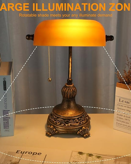 Bankers Lamp with Pull Switch, Amber Glass Desk Lamp with Retro Black/Gold Finish, Vintage Table Lamps for Living Room, Home Office, Library, Piano LED Bulb Included (Amber) - LeafyLoom