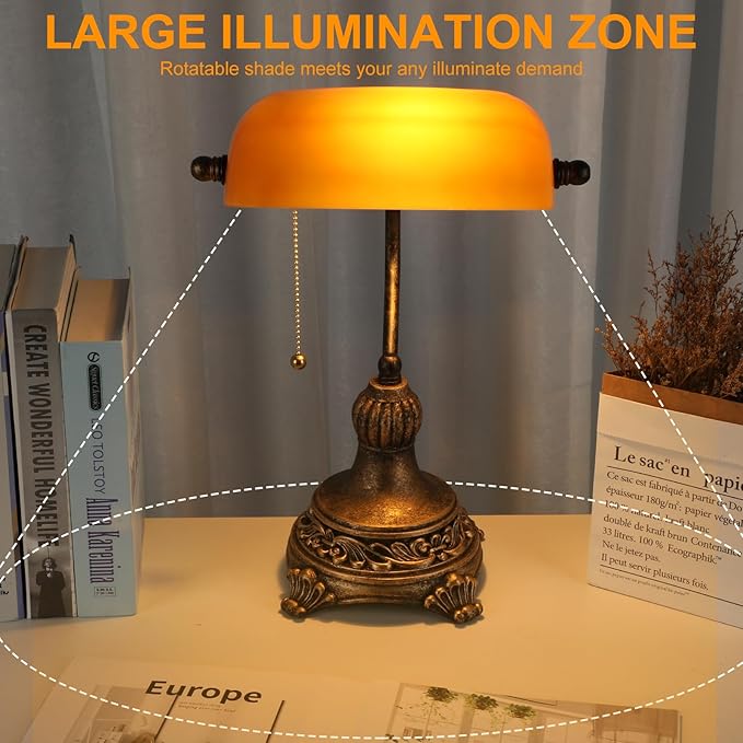 Bankers Lamp with Pull Switch, Amber Glass Desk Lamp with Retro Black/Gold Finish, Vintage Table Lamps for Living Room, Home Office, Library, Piano LED Bulb Included (Amber) - LeafyLoom