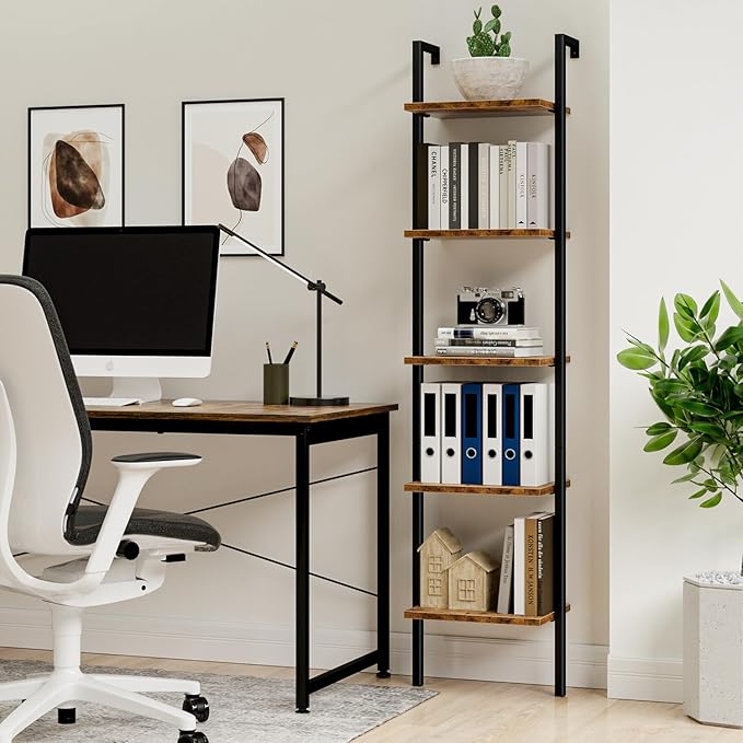 NUMENN Industrial Ladder Shelf, 5 Tier Book Shelf, Open Space Wall Mount Bookshelf with Metal Frame, Sturdy Book Shelves, Bookcase for Living Room, Vintage Brown - LeafyLoom