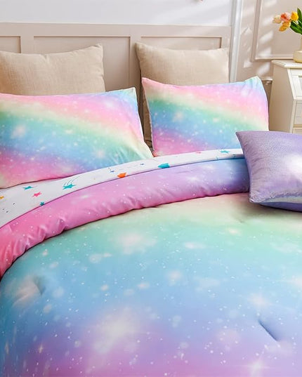 A Nice Night 6Pcs Gradient Glitter Bedding Set for Girls, Colorful Rainbow Galaxy Comforter Set, Ultra Soft Bedding Sets (Pink,Queen 6Pcs) - LeafyLoom