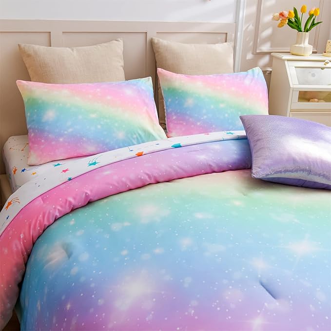 A Nice Night 6Pcs Gradient Glitter Bedding Set for Girls, Colorful Rainbow Galaxy Comforter Set, Ultra Soft Bedding Sets (Pink,Queen 6Pcs) - LeafyLoom