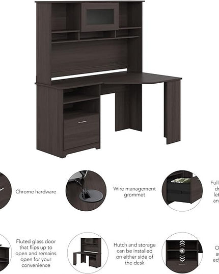 Bush Furniture Cabot 60W Corner Desk with Hutch in Heather Gray - LeafyLoom