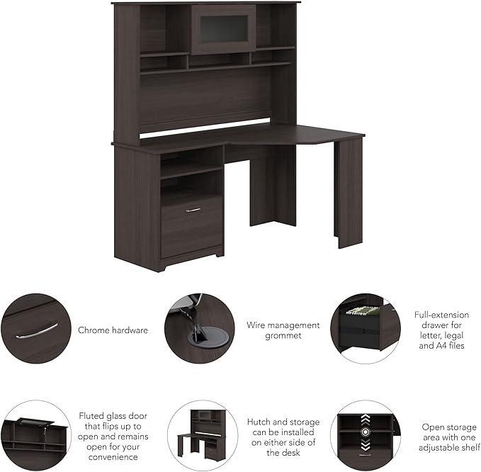 Bush Furniture Cabot 60W Corner Desk with Hutch in Heather Gray - LeafyLoom
