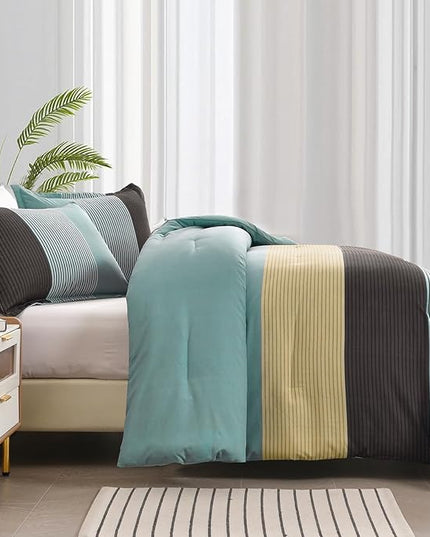 WONGS BEDDING Comforter Set Queen, Reversible Dusty Blue Striped Patchwork Down Alternative Comforter for Queen Bed, 3 Pieces (1 Comforter+2 Pillowcases), Soft Microfiber Bedding Set 90"×90" - LeafyLoom