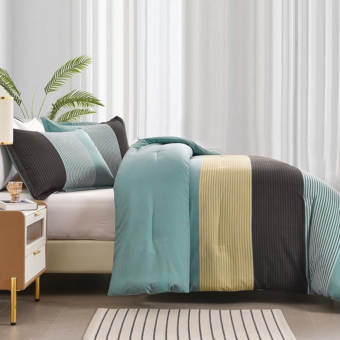 WONGS BEDDING Comforter Set Queen, Reversible Dusty Blue Striped Patchwork Down Alternative Comforter for Queen Bed, 3 Pieces (1 Comforter+2 Pillowcases), Soft Microfiber Bedding Set 90"×90" - LeafyLoom