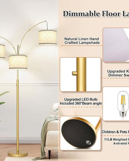 Nintiue Dimmable Floor Lamp - 3 Lights Gold Arc Floor Lamps for Living Room, 1000LM Modern Tall Standing Lamp with White Shades, Mid Century Tree Floor Lamp for Bedroom Office, 3 LED Bulbs Included - LeafyLoom