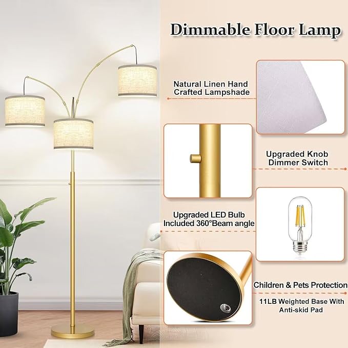 Nintiue Dimmable Floor Lamp - 3 Lights Gold Arc Floor Lamps for Living Room, 1000LM Modern Tall Standing Lamp with White Shades, Mid Century Tree Floor Lamp for Bedroom Office, 3 LED Bulbs Included - LeafyLoom