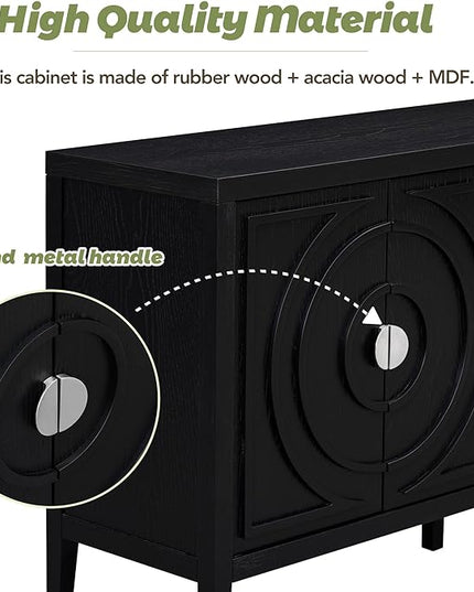 Retro Sideboard with Circular Groove Design Round Metal Door Handle,Wooden Buffet Cabinet,W/Adjustable Shelves & Open Countertop,for Entrance Living Dinning Room,Black, 60" - LeafyLoom