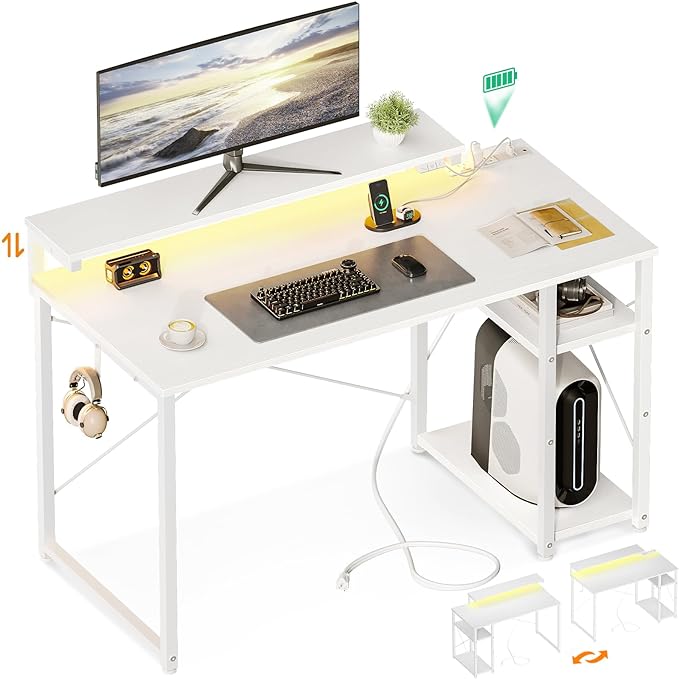 MOTPK White Desk with Led Lights & Power Outlet, 40 Inch Small Computer Desk with Shelves, Reversible Kids Desk with Adjustable Monitor Stand & Headphone Hook, Work Desk for Home Office - LeafyLoom