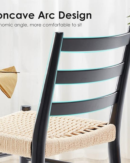 STARY Wood Rattan Dining Room Chairs Comfortable Woven Seat, Fully Assembled, New Black - Set of 2 - LeafyLoom