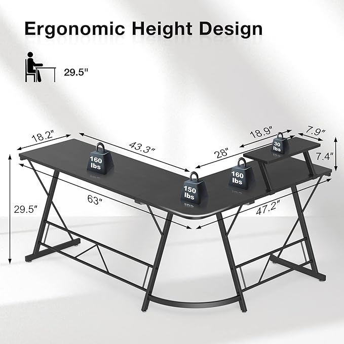 Mr IRONSTONE 63" L Shaped Computer Desk, Corner Desk, Home Office Desk, Gaming Writing Workstation with Large Monitor Stand, Easy to Assemble, Black Willow - LeafyLoom