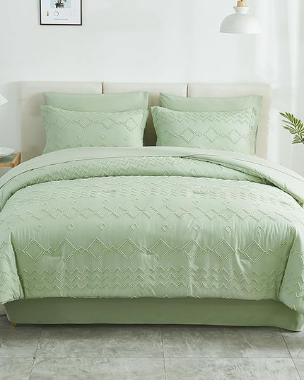 EMME Queen Comforter Set - 7 Pcs Sage Green Boho Bedding Sets, Full Size Tufted Comforter with Sheets, Shabby Chic Embroidery Queen Bed Set Fluffy Bed Bag for All Season(90"X90") - LeafyLoom