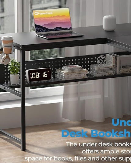 GreenForest 69 inch L Shaped Computer Desk with Drawers and Printer Stand, Gaming Desk with Power Outlet, Monitor Shelf, Storage Shelves and Hooks for Home Office Working, Writing, Studying, Black - LeafyLoom
