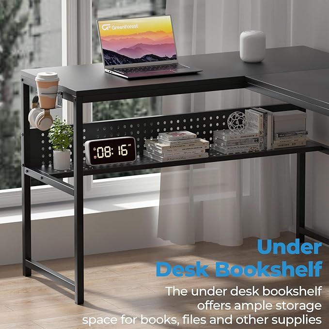 GreenForest 69 inch L Shaped Computer Desk with Drawers and Printer Stand, Gaming Desk with Power Outlet, Monitor Shelf, Storage Shelves and Hooks for Home Office Working, Writing, Studying, Black - LeafyLoom