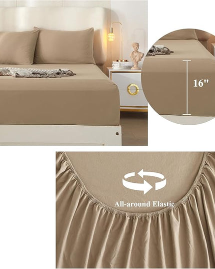 HighBuy Khaki Sheets for Queen Size Bed,4 Piece Cooling Sheets Queen Deep Pocket up to 16 Inch,Solid Bedding Sheets & Pillowcases Set,Wrinkle, Fade, Stain Resistant - 4 Piece (Queen, Khaki) - LeafyLoom