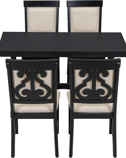 5-Piece Retro Style Set with Unique Legs and Backrest, Rectangular Wooden Dining Table and 4 Upholstered Chairs Furniture for Kitchen Room, Black, 52" L x 26" W x 30" H - LeafyLoom