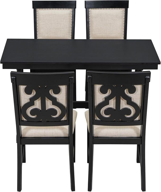 5-Piece Retro Style Set with Unique Legs and Backrest, Rectangular Wooden Dining Table and 4 Upholstered Chairs Furniture for Kitchen Room, Black, 52" L x 26" W x 30" H - LeafyLoom