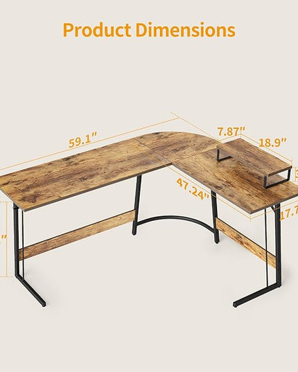 BANTI L Shaped Gaming Computer Office Desk, 59" Corner Desk with Monitor Stand for Home Office Study Writing Workstation, Rustic Brown - LeafyLoom