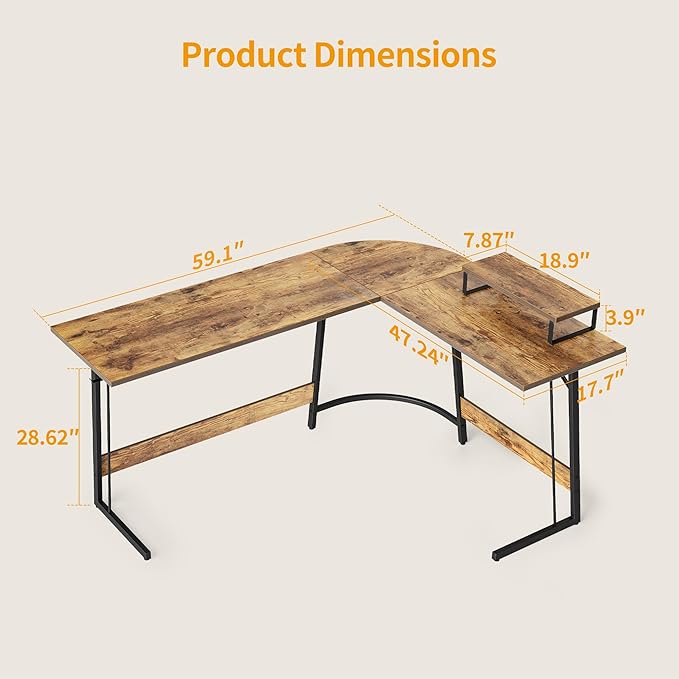 BANTI L Shaped Gaming Computer Office Desk, 59" Corner Desk with Monitor Stand for Home Office Study Writing Workstation, Rustic Brown - LeafyLoom