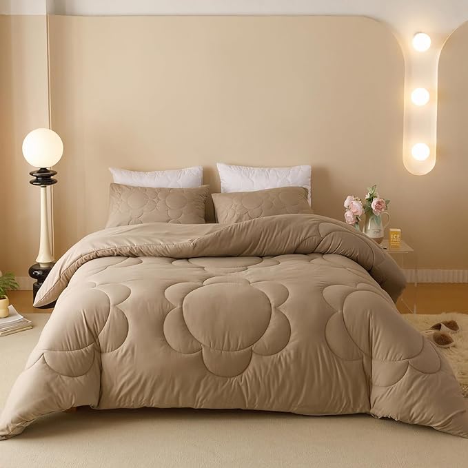 Champagne Flower Comforter Full Champagne Sunflower Print Bed Full Comforter Set 3 Pieces Champagne Floral Comforter Set for Boys Girls Teens Bedroom Decor All Season Hotel Quality Comforter - LeafyLoom