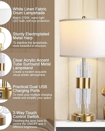 Bedside Table Gold Lamp for Living Room with USB Ports, Set of 2 with Touch Control, Modern Nightstand White Drum Lamp Shade Bedrooms Home Office Light Decor (2700K LED Bulb Included) - LeafyLoom