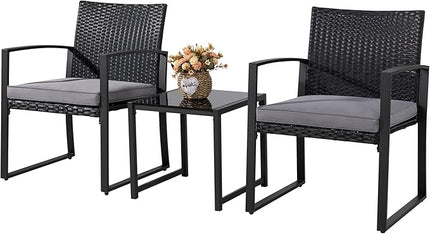 Shintenchi 3 Pieces Outdoor Patio Furniture Set, Modern Wicker Bistro Set, Conversation Rattan Chair of 2 with Coffee Table for Yard Porch Poolside Lawn(Grey Cushion) - LeafyLoom