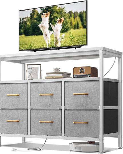 AODK TV Stand with Power Outlet, 40" Long TV Stand with 6 Large Fabric Drawers, Entertainment Center with Open Shelves for 55 Inch TV, Living Room, White and Light Grey - LeafyLoom