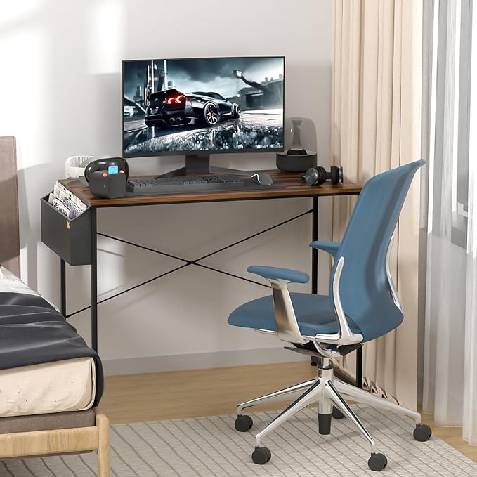 MoNiBloom 40 Inches Computer Desk with Storage Bag, Study Work Writing Table w/Metal Frame for Home Office, Walnut Color - LeafyLoom