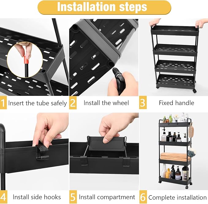 Arogan Slim Rolling Storage Cart with Wheels, 4 Tier Bathroom Storage Cart Laundry Room Organizer, Rolling Utility Cart for Kitchen, Bathroom, Laundry Room, Office, Narrow Place(Black) - LeafyLoom