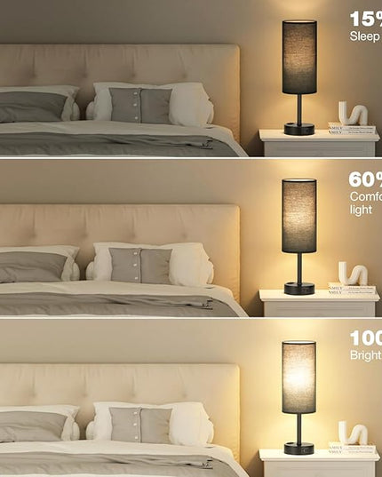 Black Bedroom Lamp for Nightstand - 3 Way Dimmable Bedside Lamp USB C A Charging Ports and AC Outlet, Small Table Lamp Black Base for Living Room, Office Desk, LED Bulb Included - LeafyLoom